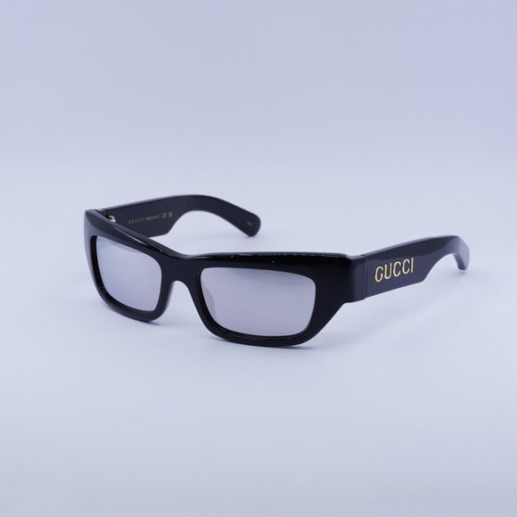 Gucci GG1296S 002 Sunglasses Shiny Black Rectangle Frame, Grey Lenses - Picture 1 of 10